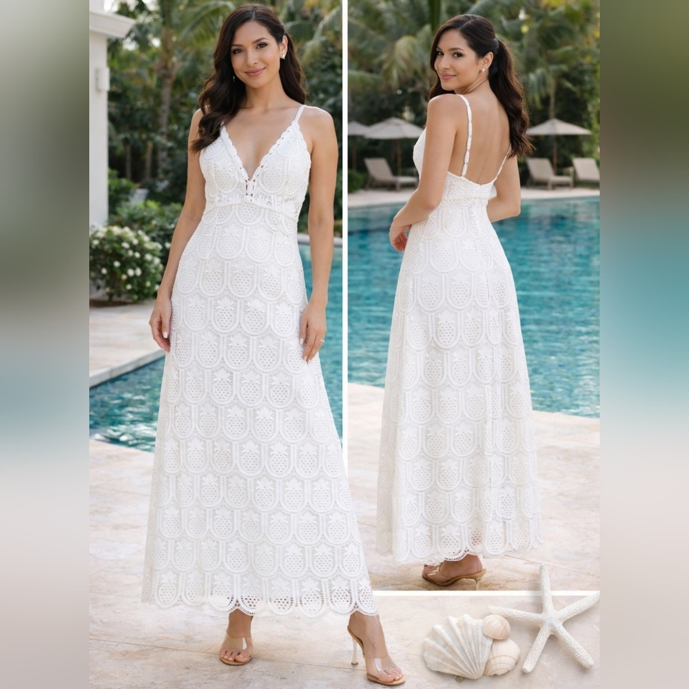 Flying Tomato White Lace Midi Dress Size L Boho Crochet Open Back